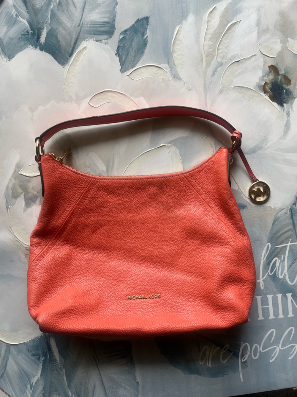 Michael Kors Coral Pebbled Leather Shoulder Hobo with Gold-Tone Logo